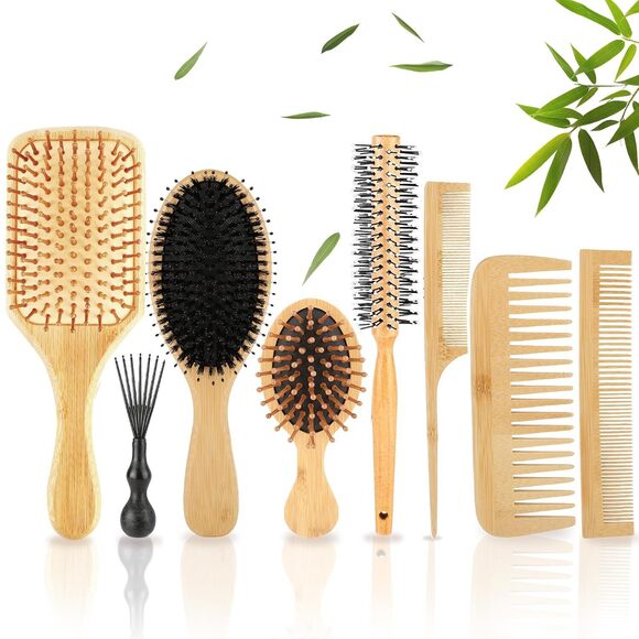 Norcoin Other - 8 Pcs Bamboo Hair Brush Set Natural Wooden Brushs and Comb Kit with Paddle